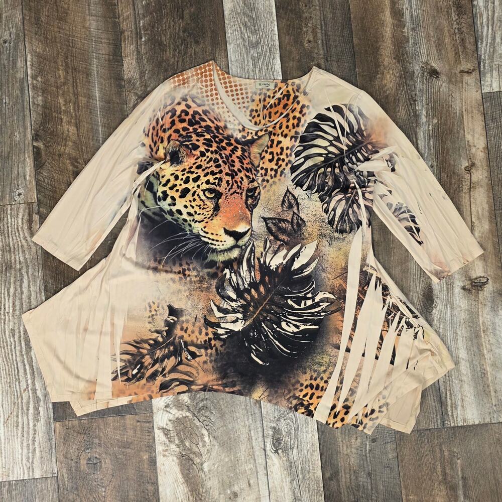 Y2K Leopard Rhinestone Tunic Top Handkerchief Hem Cactus Size XL